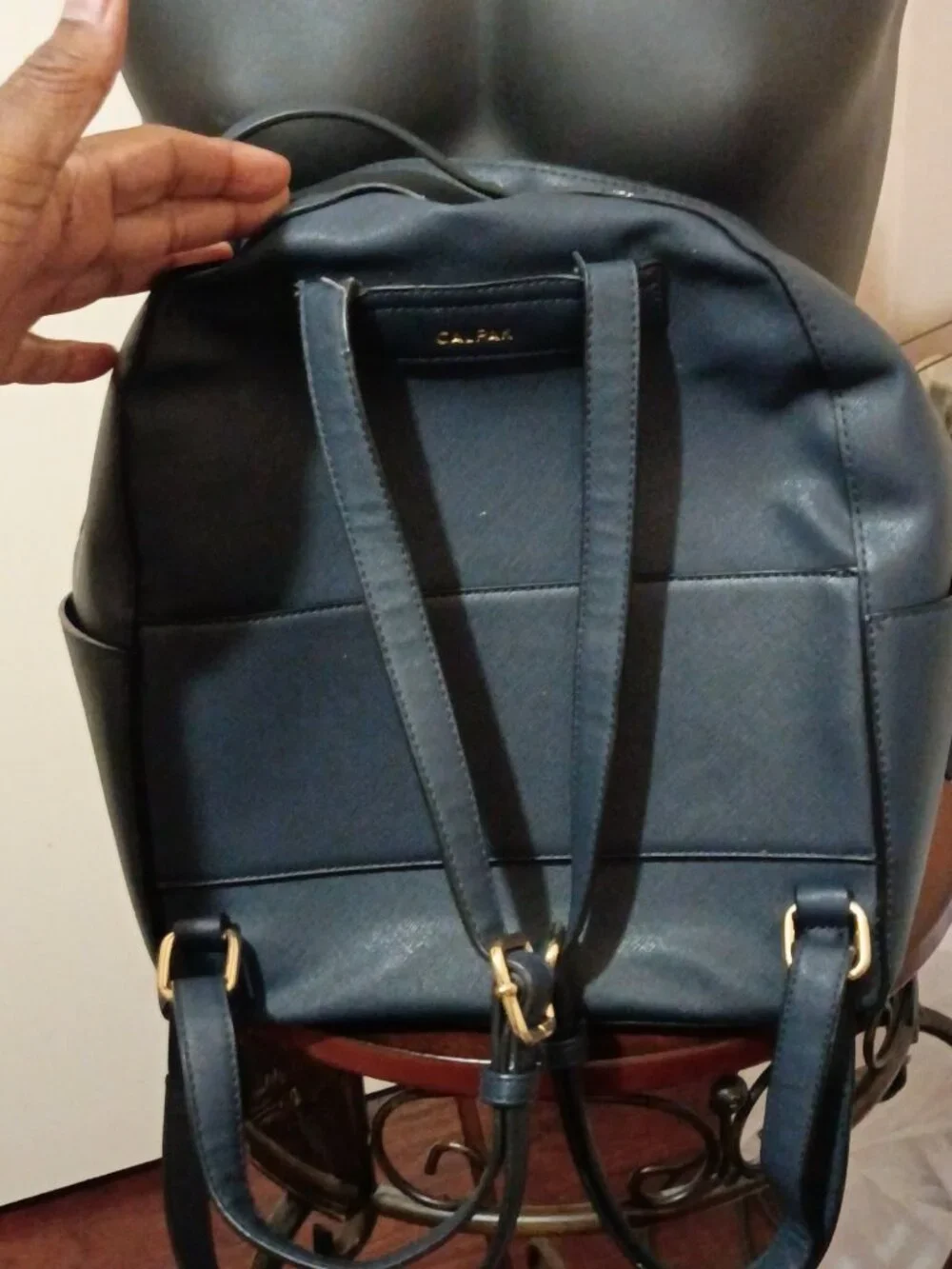Calpak Kaya Backpack Blue Faux Leather Gold Hardware Trolly Sleeve Side Pockets